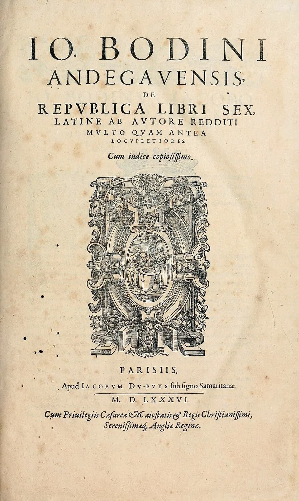 Jean Bodin - Io. Bodini Andegavensis De republica libri sex. Parisiis : Apud Iacobum Du-Puys sub signo Samaritanae