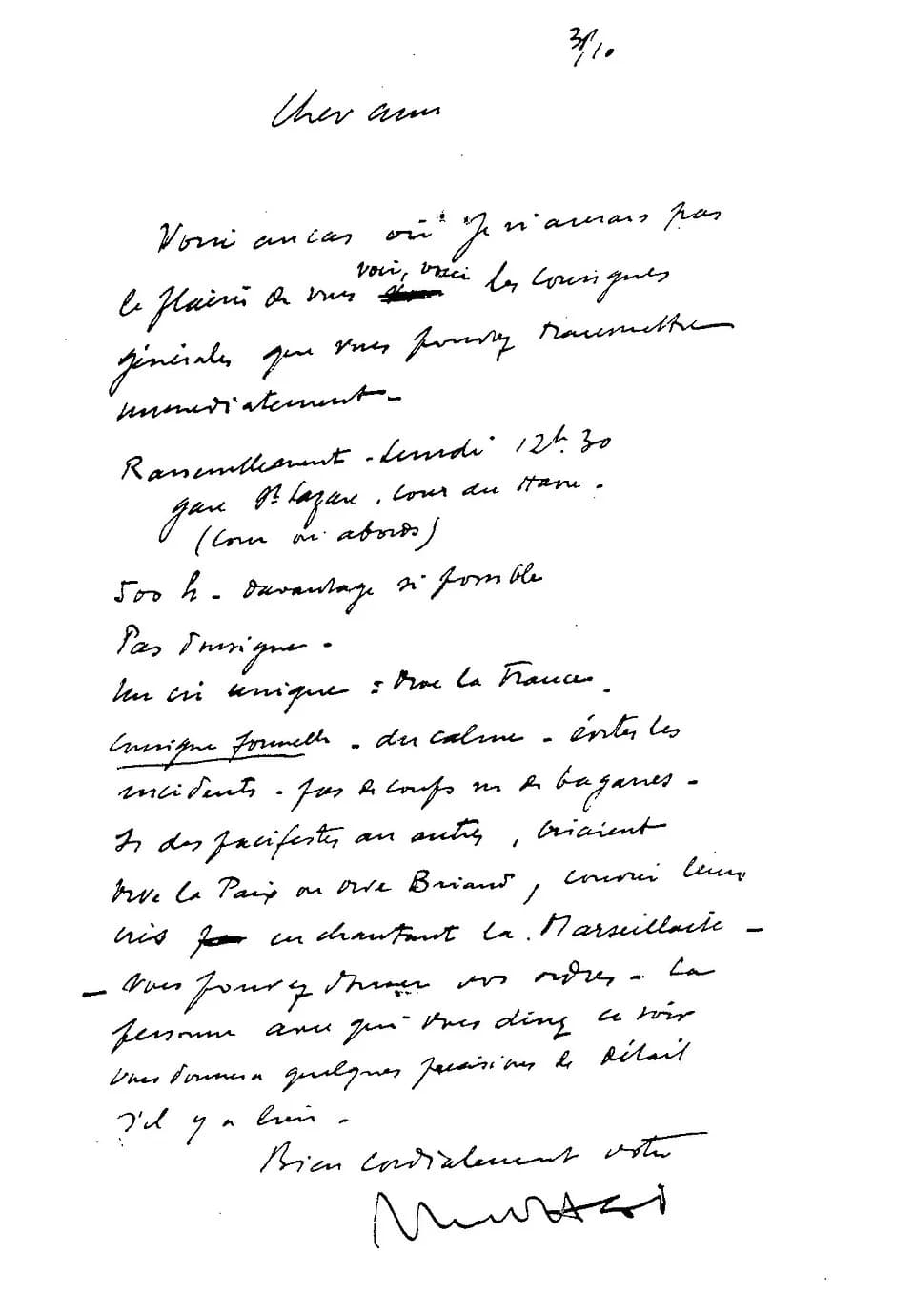 Pierre Laval - Note autographe de Noël Ottavi, secrétaire particulier de François de La Rocque, président de Croix de Feu, à Paul Chopine, délégué général à la propagande des Croix de Feu, le 31 octob