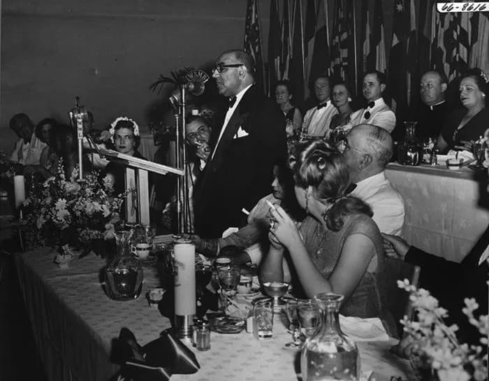Liaquat Ali Khan - Liaquat Ali Khan, Prime Minister of Pakistan, speaking in New Orleans, 1950.

Prime Minister Ali Khan, of Pakistan, speaks at a New Orleans Citizens' Committee dinner. From photogra