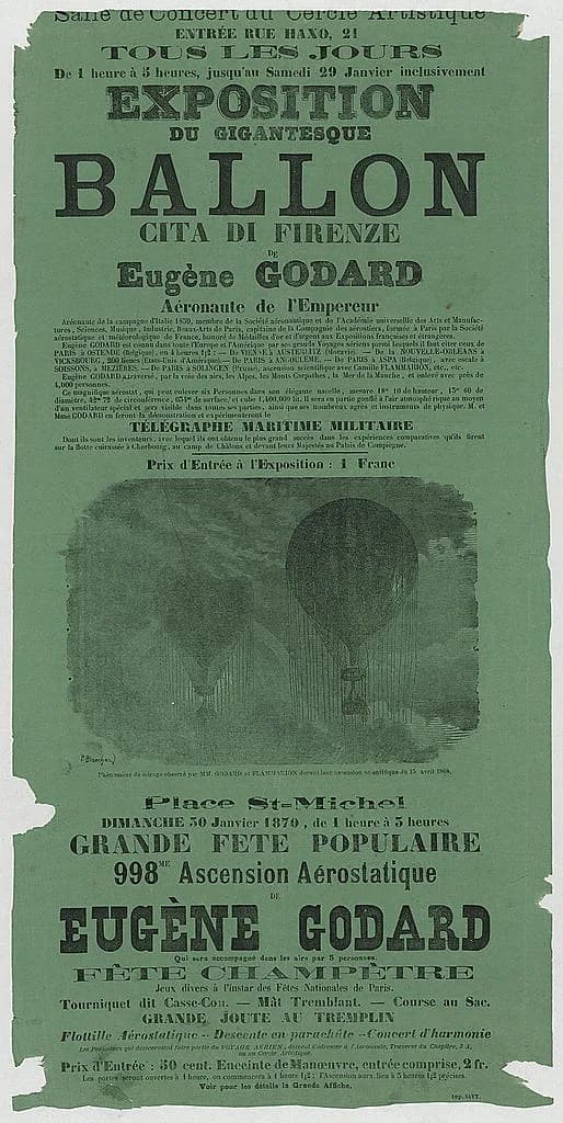 Camille Flammarion - Library of Congress description: "Broadside announcing a balloon exhibition and ascension by Eugène Godard in his balloon "Cita di Firenze" from the Place St. Michel, Paris. Inclu