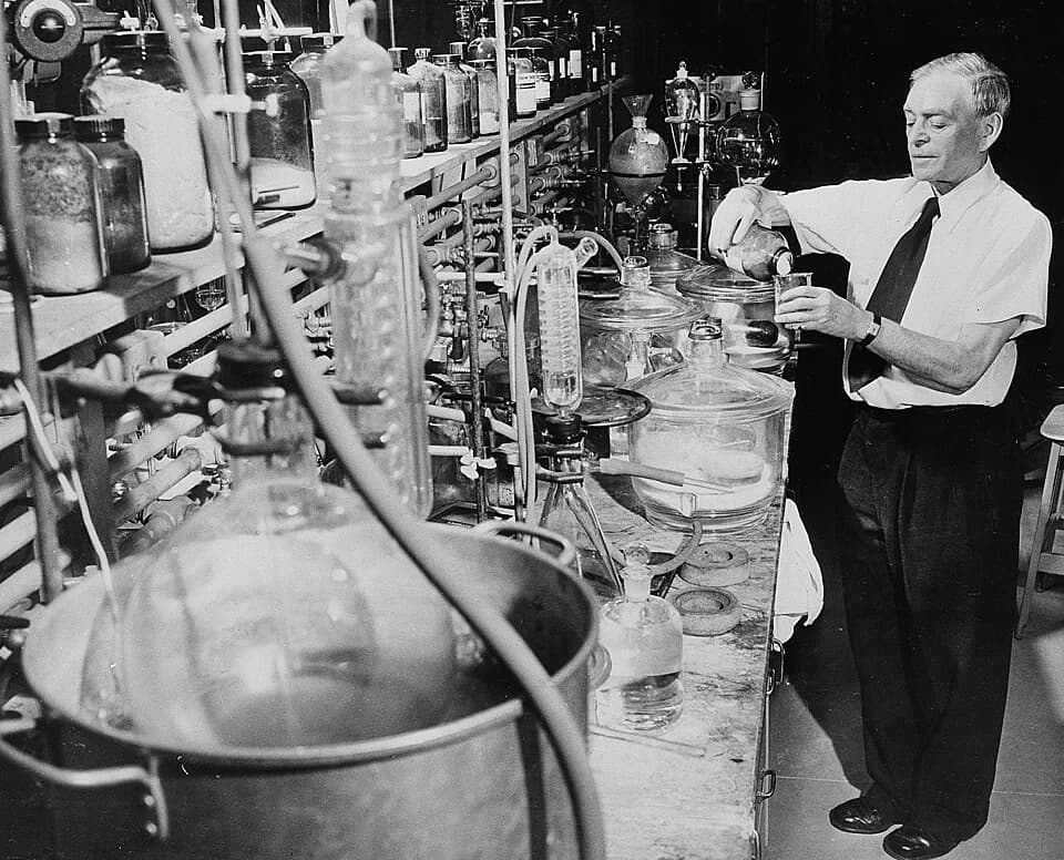 Casimir Funk - Polish-born American biochemist Dr. Casimir Funk, who coined the term vitamin, is shown at work in his new research laboratory on W. 64th Street in New York City on Jan. 12, 1953. (AP