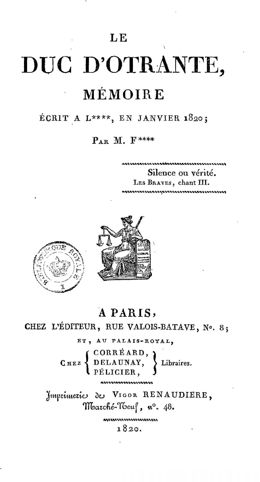 Joseph Fouché - Frontispício das pretensas memórias de Joseph Fouché, lançadas em Paris em 1820, ano de sua morte.