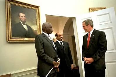 Daniel arap Moi - President George W. Bush welcomes President Daniel arap Moi of Kenya and Prime Minister Meles Zenawi of Ethiopia to the Oval Office