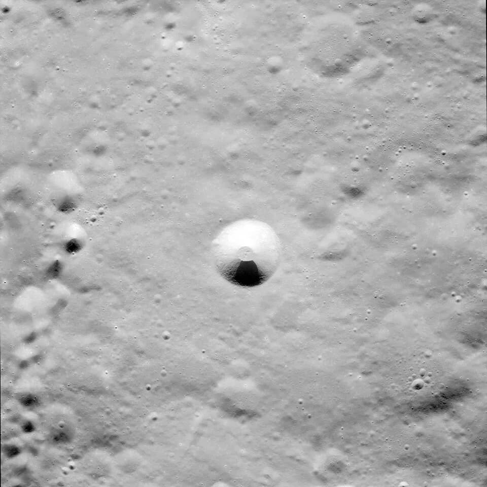 Gaspard-Gustave de Coriolis - Black &amp; white orbital image.  Unnamed crater east of Coriolis, on the far side of the moon.