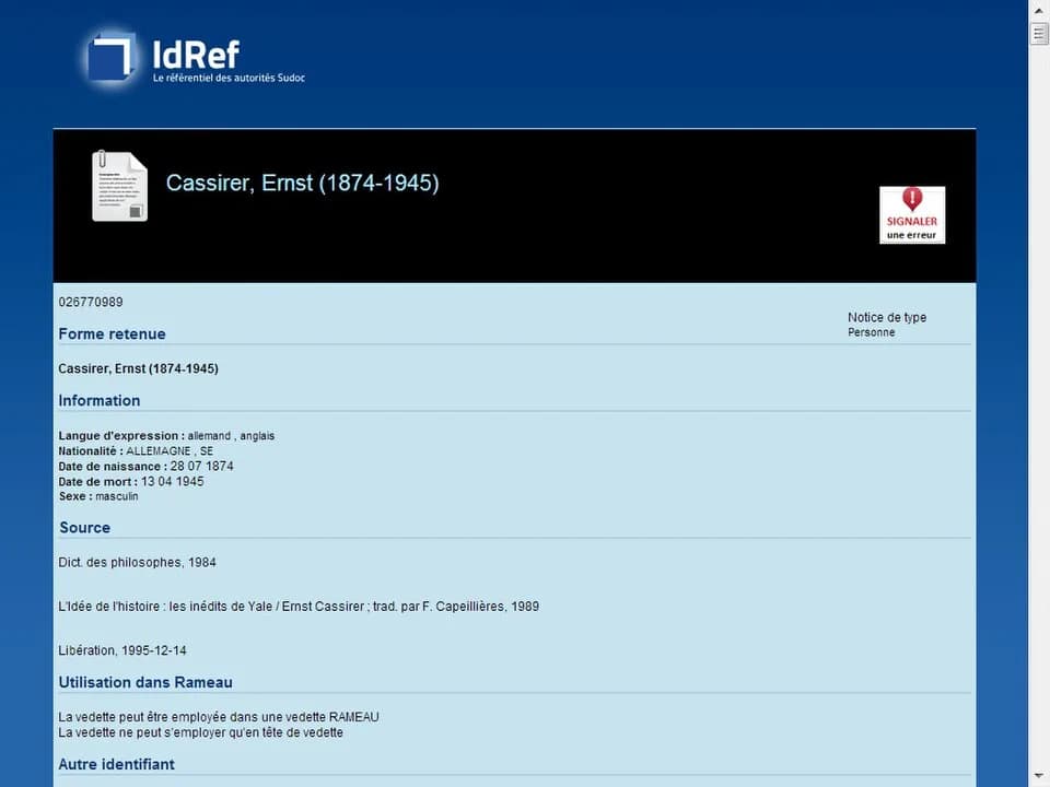 Ernst Cassirer - SUDOC-IdRef authority data: Screenshot (Browser: Chrome, Vers. 28.0).
