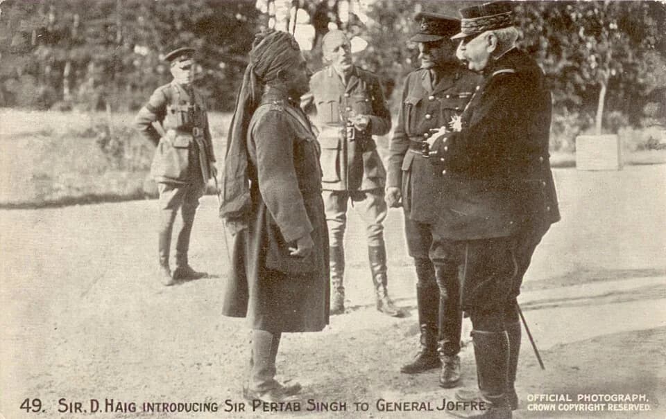 Joseph Joffre - World War I Daily Mail Official War Photograph, Series VII, No. 49, titled "Sir D Haig introducing Sir Pertab Singh to General Joffre".  The obverse carries the following information: 