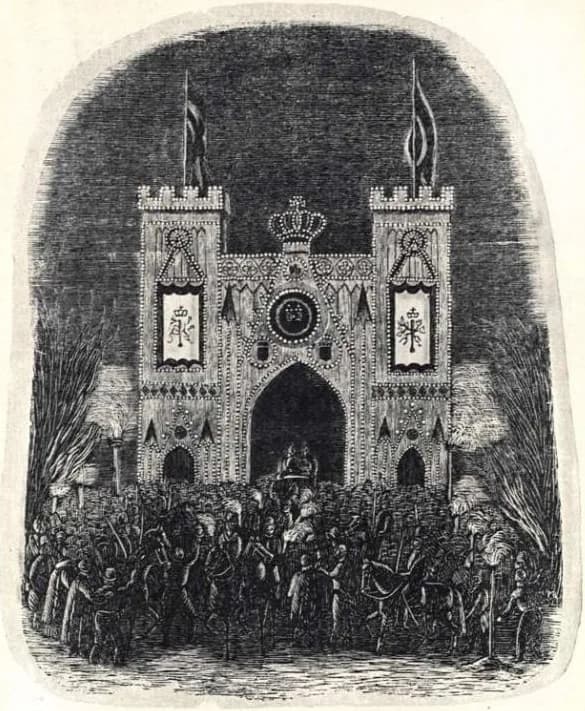 Oscar I of Sweden - Æresporten ved Nybroen i Christiania ved kong Oscars ankomst 6. februar 1843.