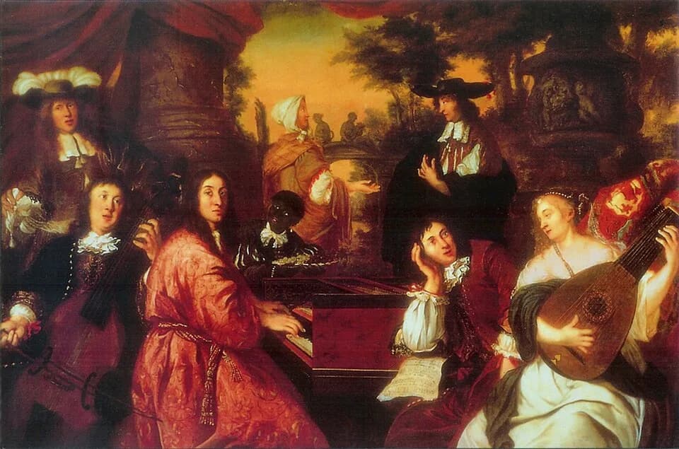Dietrich Buxtehude - The picture shows Johann Adam Reincken at the harpsichord, presumably Dieterich Buxtehude playing a viol, and an unidentified person singing (possibly Johann Philipp Förtsch, sing