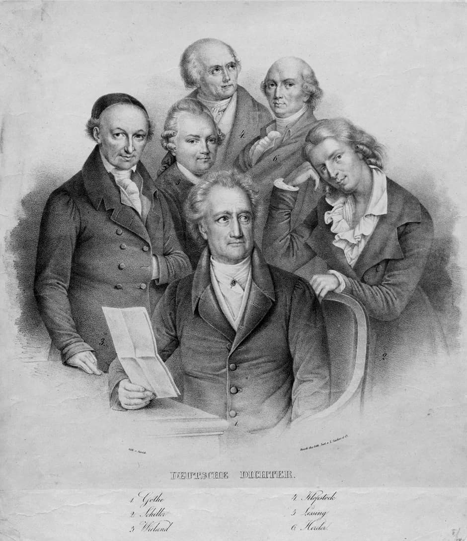 Friedrich Gottlieb Klopstock - Deutsche Dichter: Goethe; Schiller; Wieland; Klopstock; Lessing; Herder. Kreidelithographie 33,5 x 29,6 cm. Druck des Lith. Inst. v. L. Sachse &amp; Co.