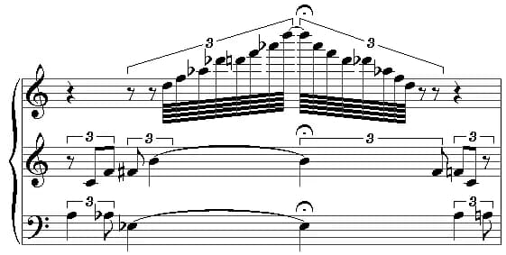 Pierre Boulez - The mirror-point from the music of the silent film interlude of act 2 of Alban Berg's opera Lulu. Some notes have been omitted to make it easier to read and to keep the size of the ima
