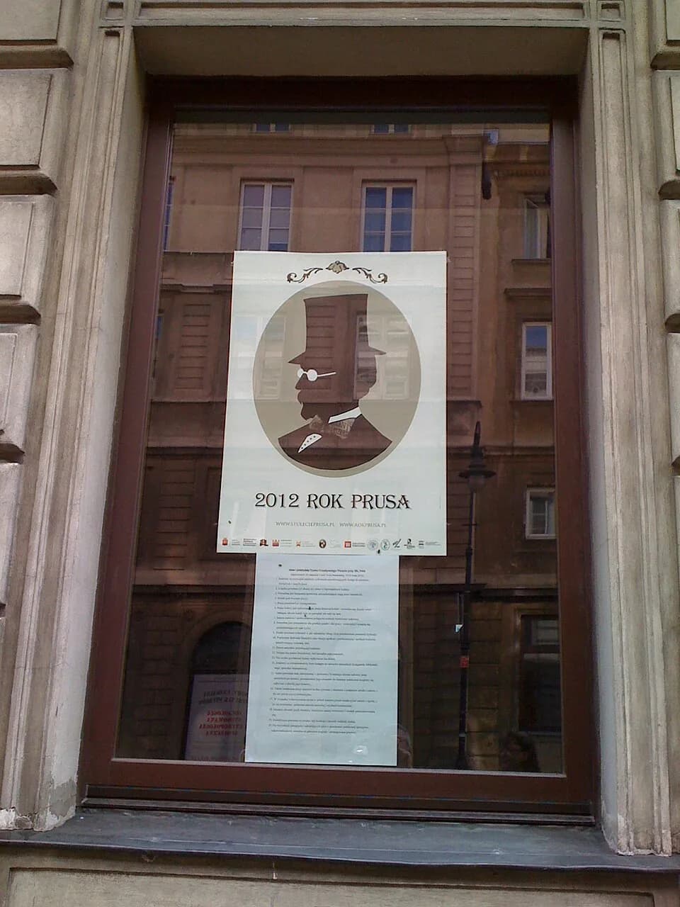 Bolesław Prus - "2012:  "Year of Prus":  poster commemorating 100th anniversary of death of Bolesław Prus, in a window of the Polish Academy of Sciences, Krakowskie Przedmiescie, Warsaw, Poland.