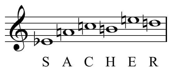 Pierre Boulez - Sacher hexachord: E♭ (Es) A C B (H) E D (Re).
Created by Hyacinth (talk) in Sibelius 5.