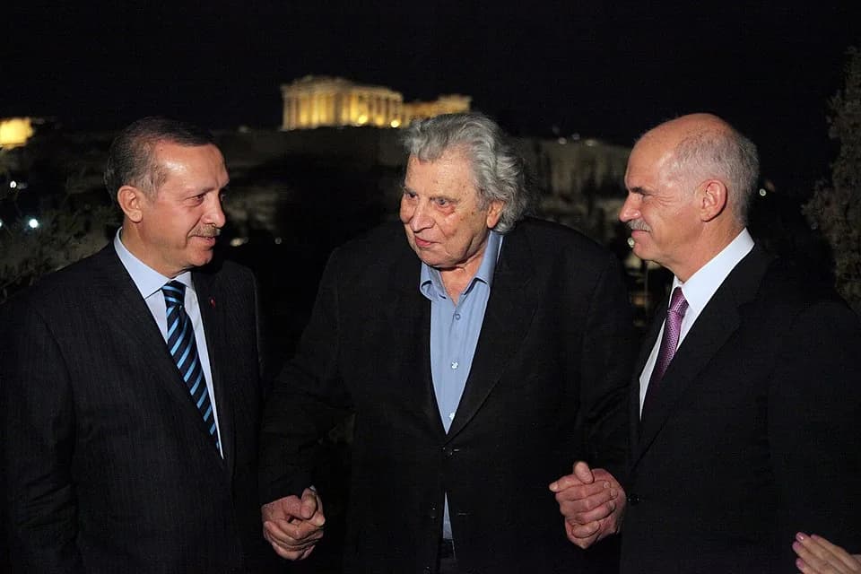 Mikis Theodorakis - Turkish prime minister Recep Tayyip Erdoğan, Greek composer Mikis Theodorakis and Greek prime minister George Papandreou in Athens, May 2010.