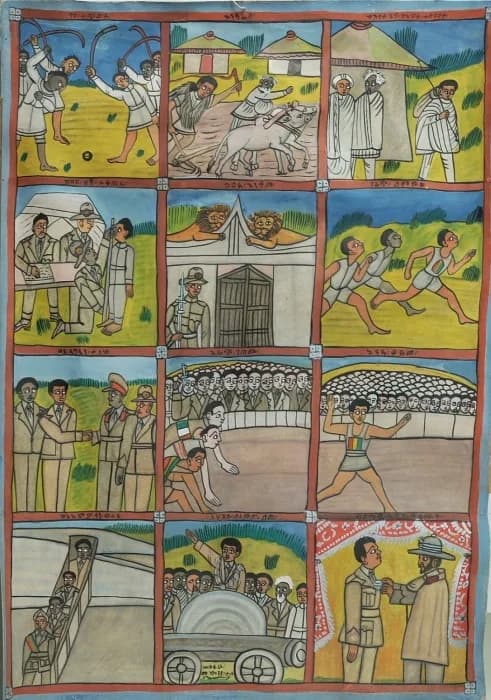 Abebe Bikila - A translation of the Amharic text, from left to right and top to bottom:
1) He played the traditional hockey, genna 2) He plowed the arable land 3) The moment of farewell to his father 