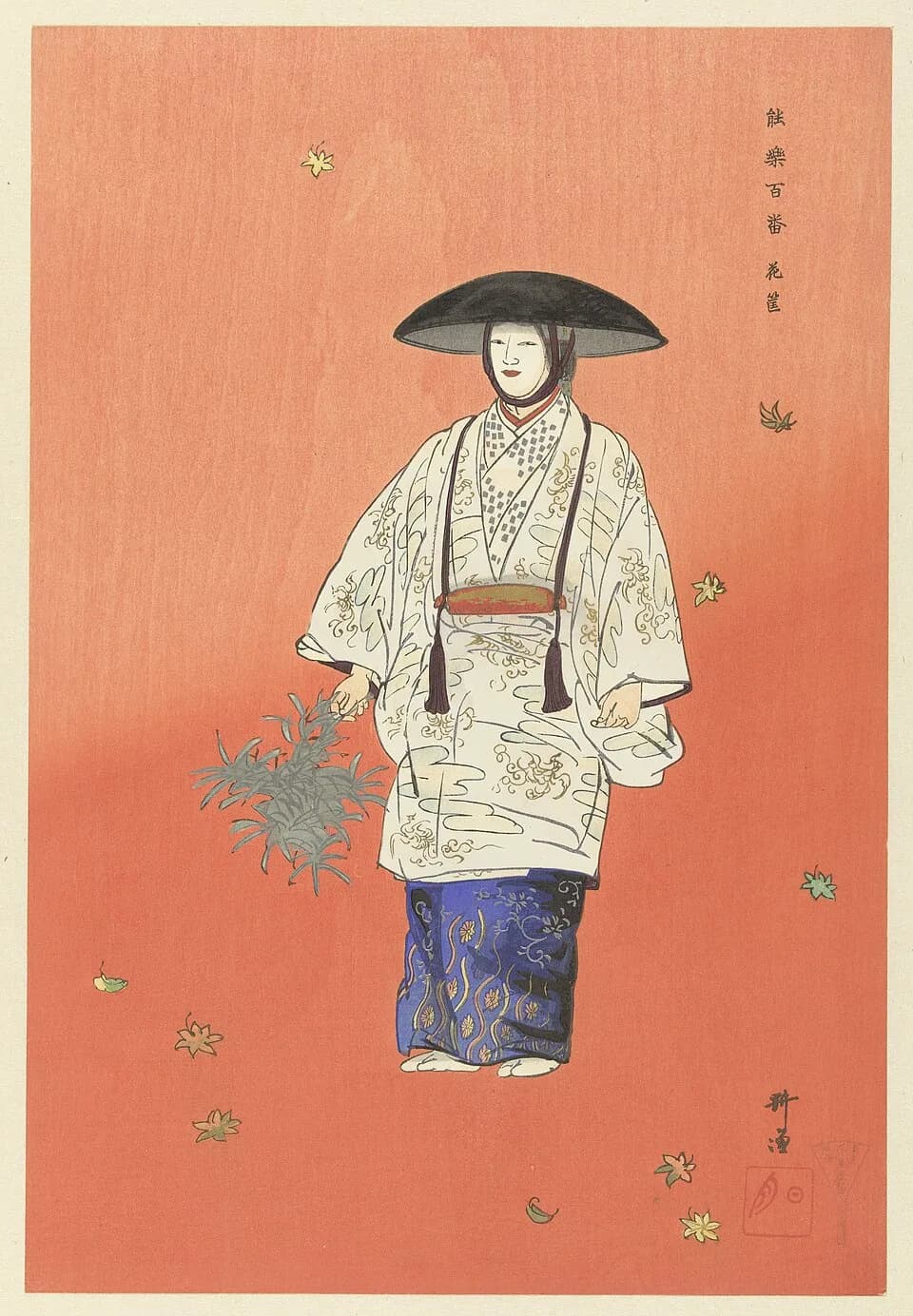 Zeami Motokiyo - IdentificatieTitel(s): Acteur in het no-theaterstuk Hanagatami. Acteur uit het Noh theaterstuk Hanagatami. Hanagatami (titel op object). Honderd Noh spelen (serietitel). Nogaku hyakub