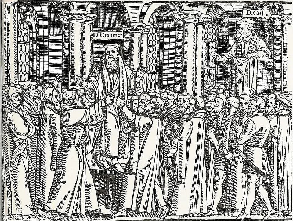 Thomas Cranmer - Thomas Cranmer, Archbishop of Canterbury and Henry Cole, Catholic dean of St. Paul's Cathedral, London. John Foxe's Book of Martyrs. The date depicted would have to be some time betwe