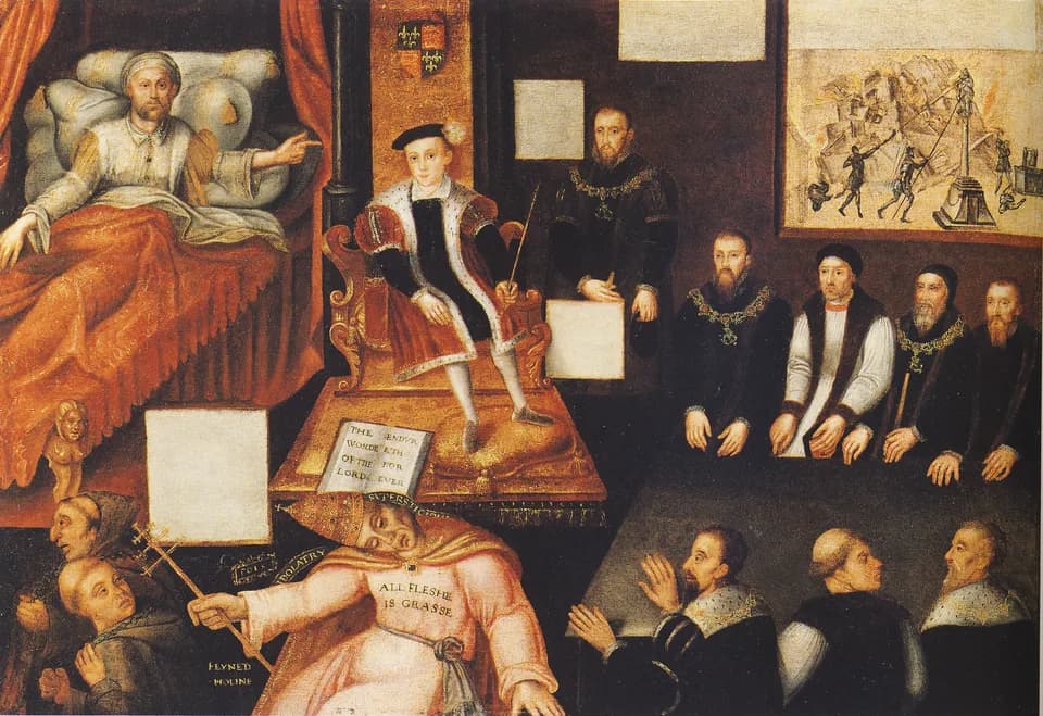Thomas Cranmer - Edward VI and the Pope: An Allegory of the Reformation. National Portrait Gallery, London.
Inscribed on open book, centre left: "THE WORDE OF THE LORD ENDURETH FOR EVER"; on ribbons o