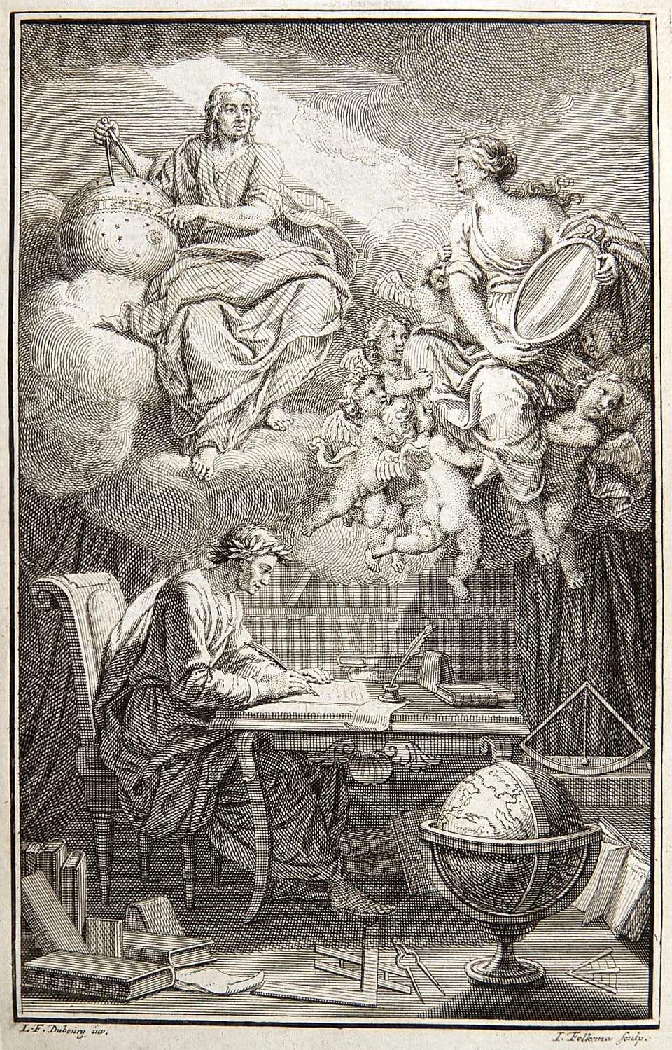 Émilie du Châtelet - In the frontispiece to Voltaire's interpretation of Isaac Newton's work, Elémens de la philosophie de Newton (1738), the philosophe sits translating the inspired work of Newton. V