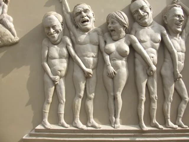 Guido Westerwelle - Detail der Skulptur Ludwigs Erbe von Peter Lenk, Ludwigshafen am Bodensee, von links nach rechts: Hans Eichel, Gerhard Schröder, Angela Merkel, Edmund Stoiber und Guido Westerwelle