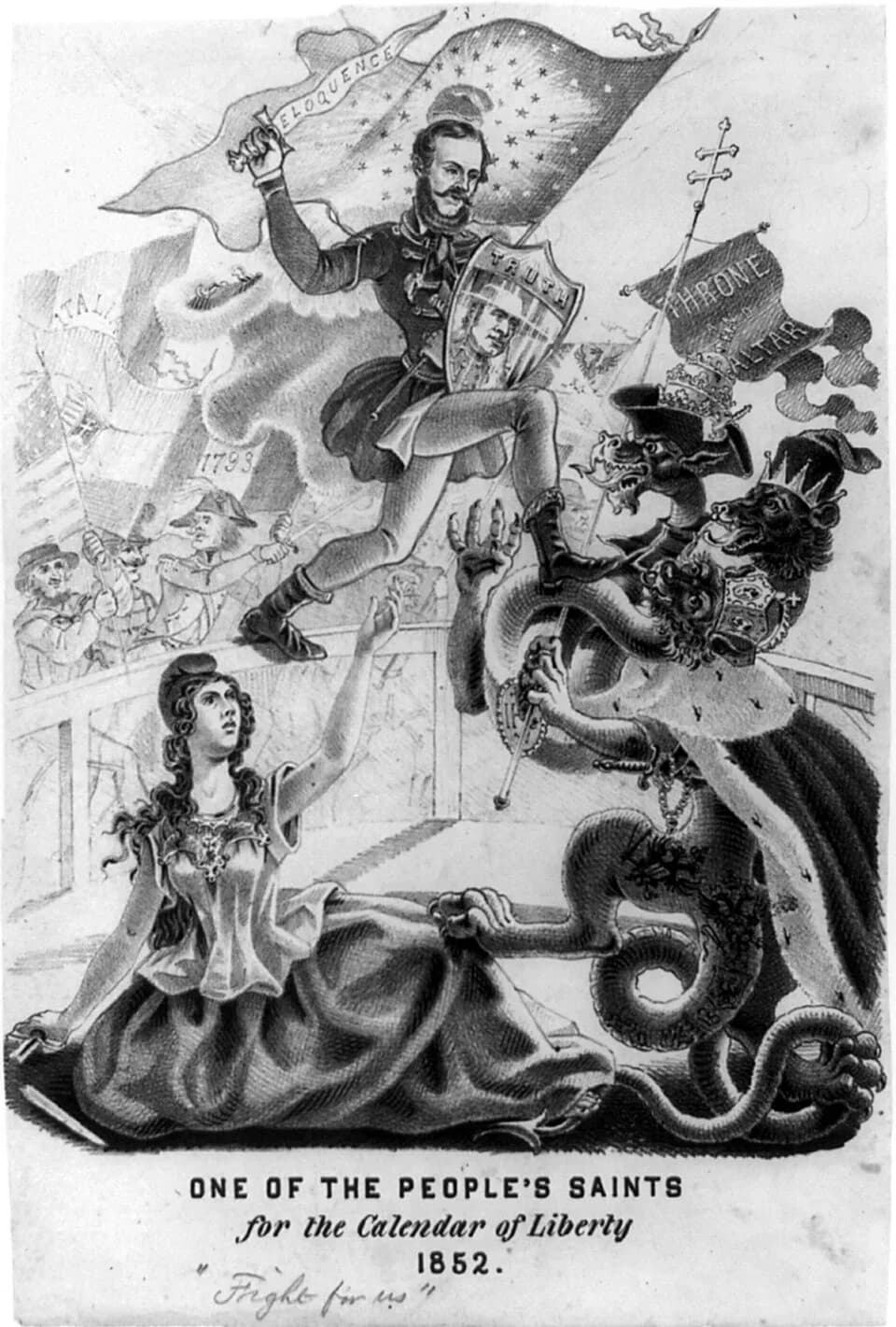 Lajos Kossuth - The artist registers the widespread American sympathy with certain revolutionary movements in Europe. More specifically, the print extols Louis Kossuth, the Hungarian patriot who led a