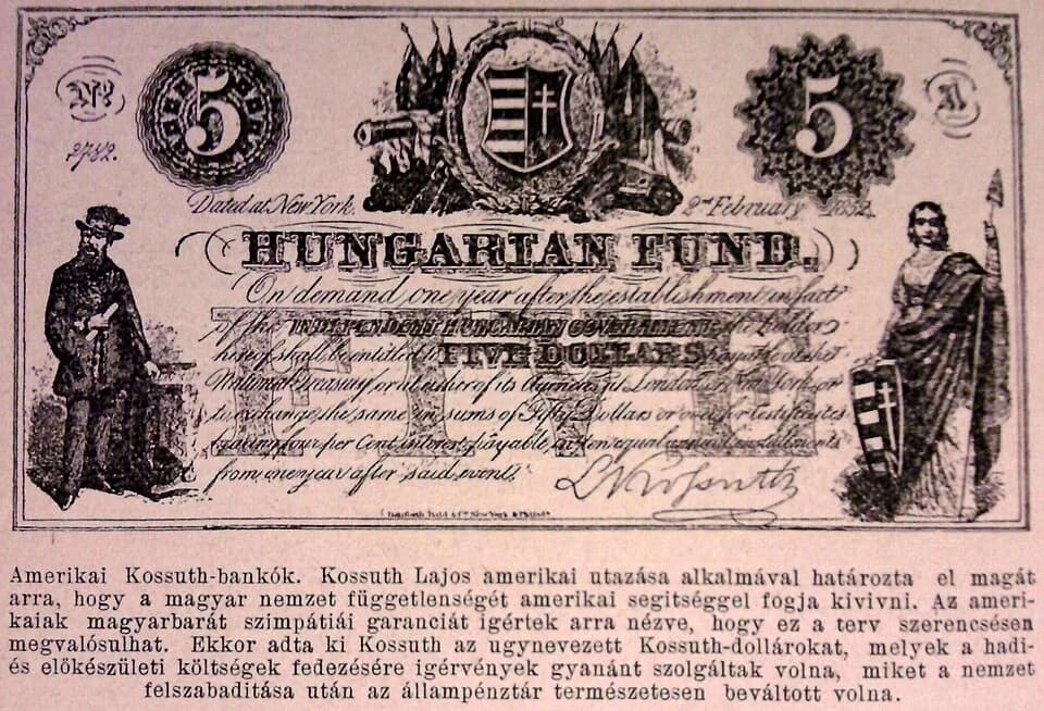 Lajos Kossuth - Kossuth´s bankó, Five dollars, 1852