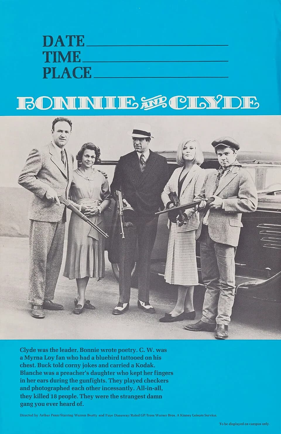 Gene Hackman - Window card poster to promote showings of the 1967 film Bonnie and Clyde at college campuses.
