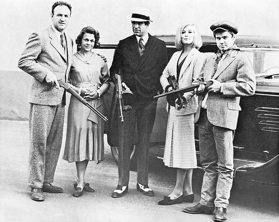 Gene Hackman - Main cast photo for the 1967 film Bonnie and Clyde. From left to right: Gene Hackman, Estelle Parsons, Warren Beatty, Faye Dunaway, and Michael J. Pollard.