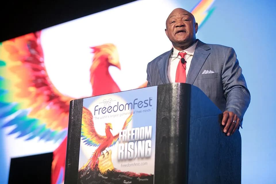 George Foreman - George Foreman speaking at the 2016 FreedomFest at Planet Hollywood in Las Vegas, Nevada.

Please attribute to Gage Skidmore if used elsewhere.