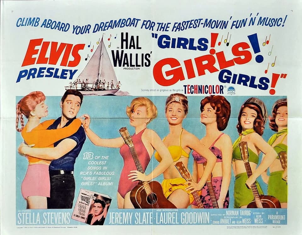 Elvis Presley - Low-resolution reproduction of poster for the film en:Girls! Girls! Girls! (1962), directed by en:Norman Taurog, featuring star en:Elvis Presley