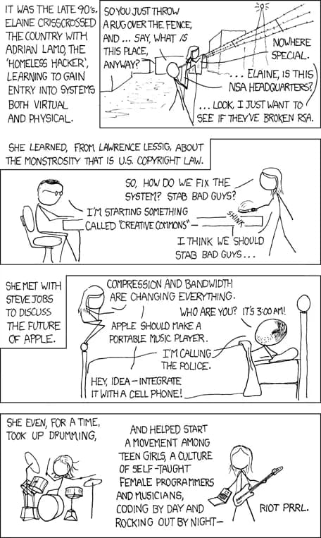 Steve Jobs - "1337: Part 3", an xkcd comic regarding a female hacker named Elaine (actually her middle name); part of a series of five. The mouseover text reads, "I once asked an NSA guy whether they'