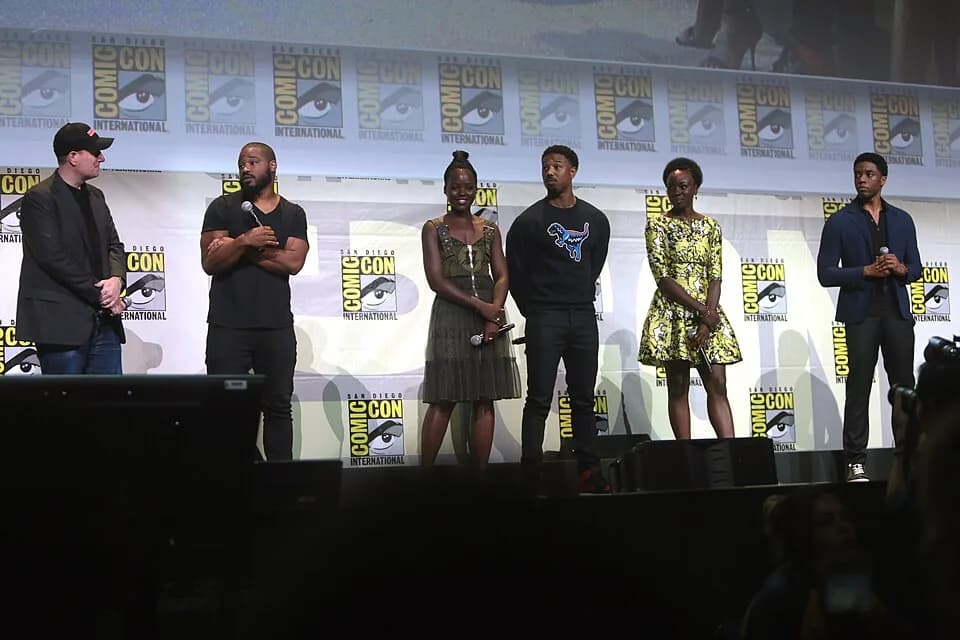 Chadwick Boseman - Kevin Feige, Ryan Coogler, Lupita Nyong'o, Michael B. Jordan, Danai Gurira and Chadwick Boseman speaking at the 2016 San Diego Comic-Con International, for "Black Panther", at the S