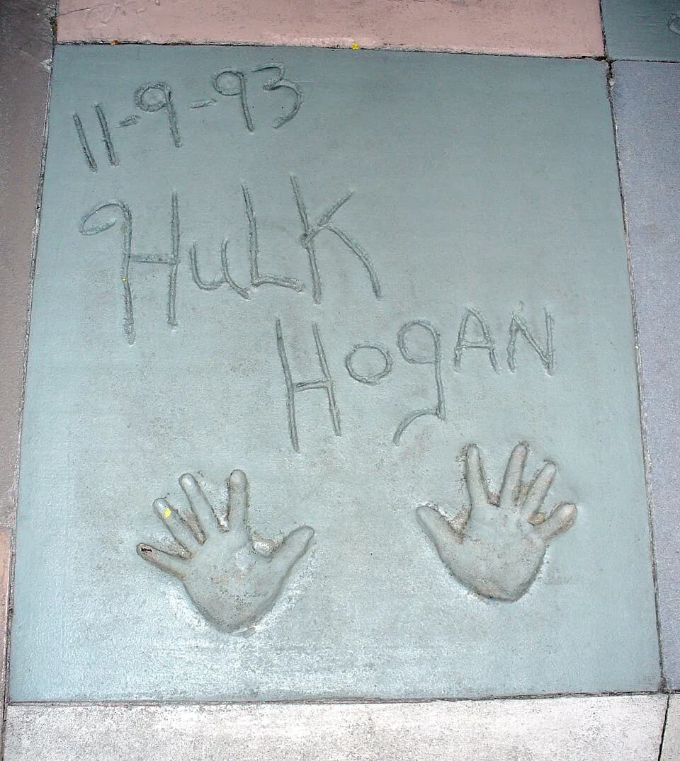 Hulk Hogan - This photo depicts the handprints of Hulk Hogan in front of The Great Movie Ride at Walt Disney World's Disney's Hollywood Studios theme park.