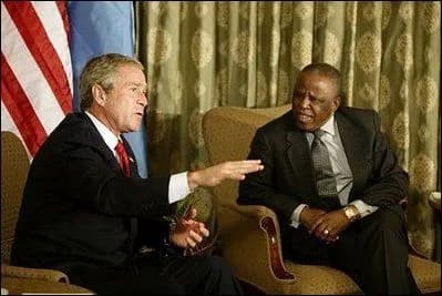 Festus Mogae - President George W. Bush begins participation in meeting with the President Festus Magae of Botswana in Gaborone, Botswana, Thursday, July 10, 2003.