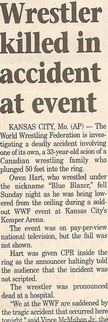 Owen Hart - Portion of newspaper clipping by The Associated Press regarding the death of WWF professional wrestler Owen Hart.