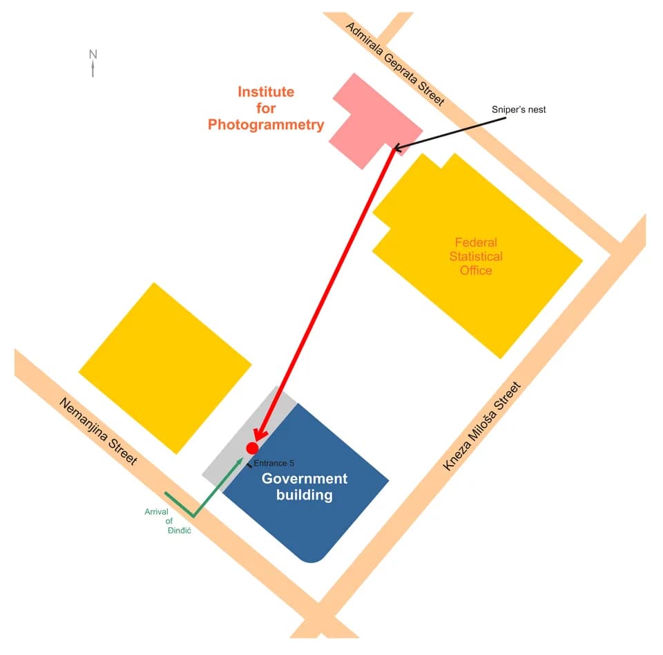 Zoran Đinđić - Map of position of Serbian Prime Minister Zoran Đinđić at the moment of his assassination. Đinđić arrived in a convoy and was shot just after he got out of car. His position is marked w