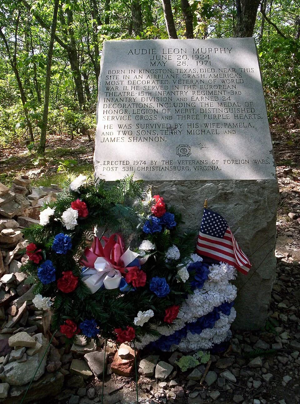 Audie Murphy - This is a monument to Audie Murphy roughly near the site of the plane crash in which he died, a couple hundred feet off the Appalachian Trail around twenty miles south of Catawba, VA.  