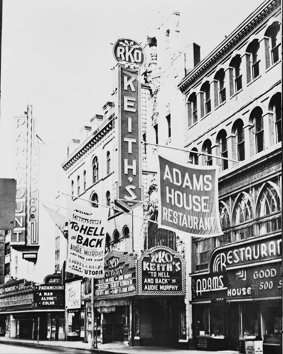 Audie Murphy - B. F. Keith Memorial Theatre, 539 Washington Street, Boston, showing the American film To Hell and Back (1955). Shows Adams House.
From the Historic American Buildings Survey, Library o