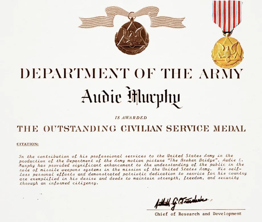 Audie Murphy - Award citation presented to Audie Murphy for the Department of the Army Outstanding Civilian Service Award