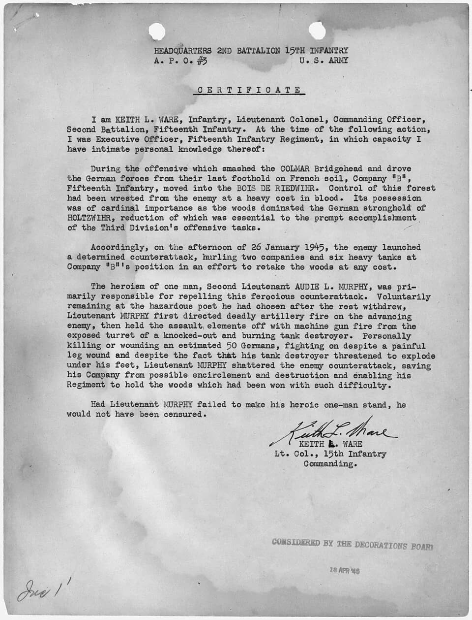 Audie Murphy - Kenneth L. Ware's statement directly attributing Audie L. Murphy's actions on January 26, 1945, as "primarily... - NARA - 299784.jpg