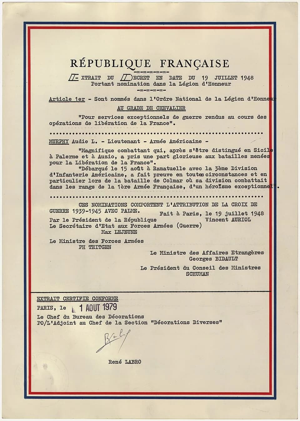 Audie Murphy - Award of the "Au Grade De Chevalier" for Murphy's exceptional services rendered during operations to liberate France. - NARA - 299781.jpg