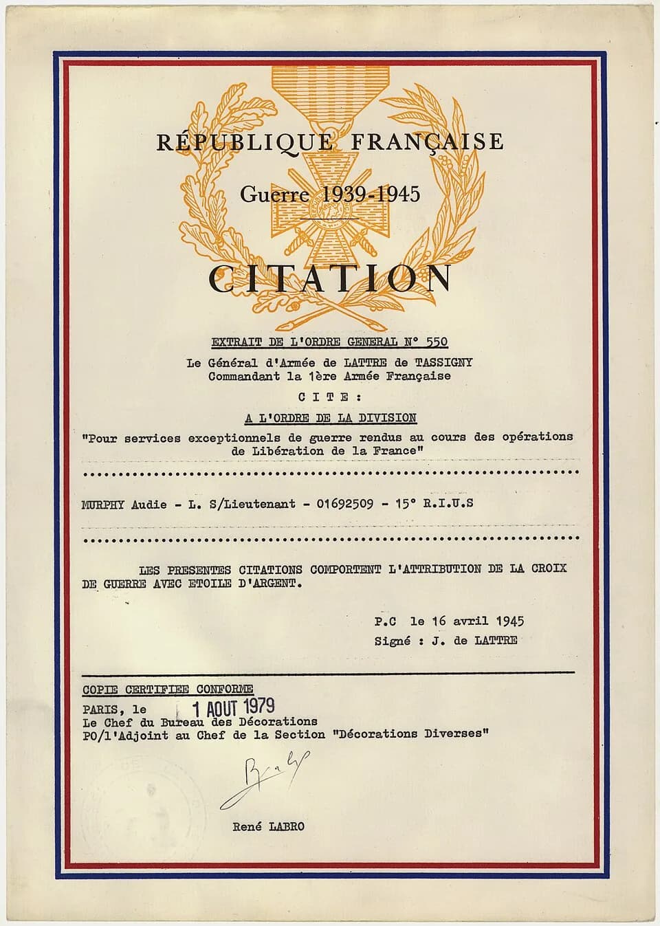 Audie Murphy - Award of the De La Croix De Guerre - NARA - 299782.jpg