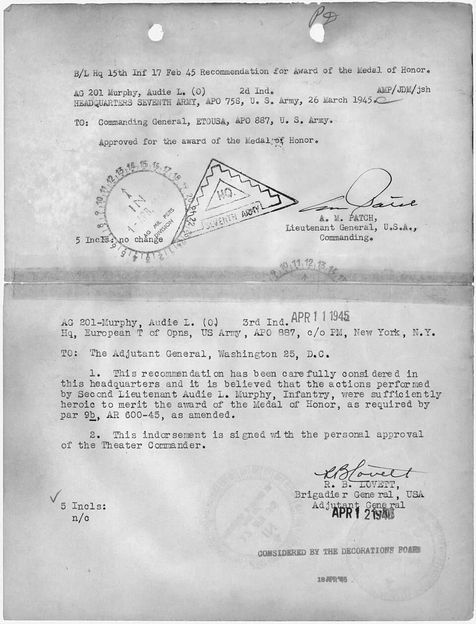 Audie Murphy - Recommendation from Brigadier General R.B. Lovett, to Lieutenant General A.M. Patch, for Audie L. Murphy to be... - NARA - 299783.jpg