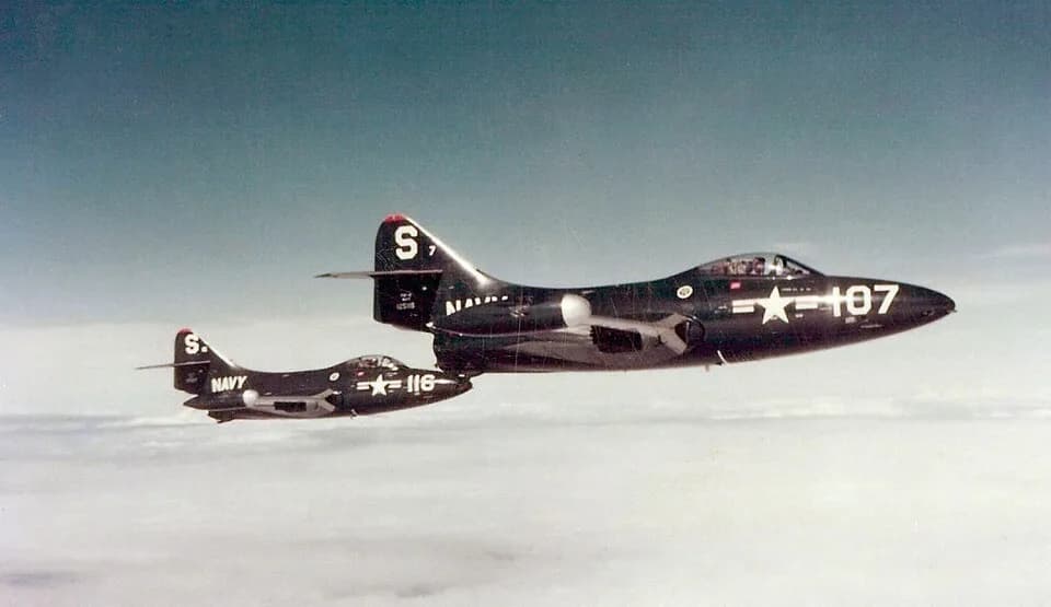 Neil Armstrong - Two U.S. Navy Grumman F9F-2 Panther jets from Fighter Squadron 51 (VF-51) "Screaming Eagles" during a sortie over Korea, in 1951-52. VF-51 was assigned to Carrier Air Group 5 (CVG-5) 