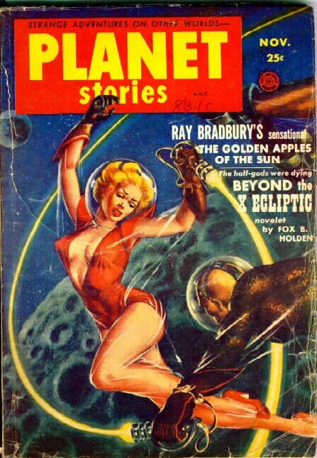Ray Bradbury - Cover of November 1953 issue of en:Planet Stories. Artist is Kelly Freas. Copyright was either Freas, or more likely Fiction House, who published the magazine.