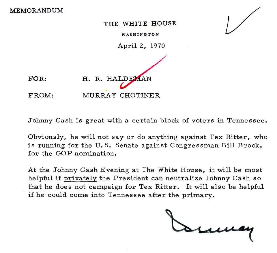 Johnny Cash - Memo from Murray M Chotiner to H.R. Haldeman