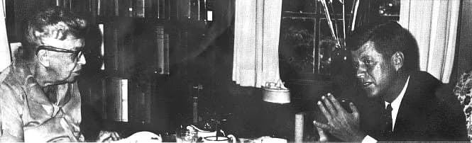 Eleanor Roosevelt - U.S. President John F. Kennedy meeting with Eleanor Roosevelt at her "Val-Kill" house, now the Eleanor Roosevelt National Historic Site in Hyde Park, New York, 1961.
