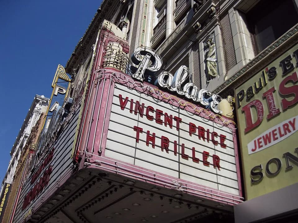 Vincent Price - Phony marquee for the Michael Jackson necro-fest at Downtown Palace, Los Angeles. This is the movie theater used in the video Thriller.