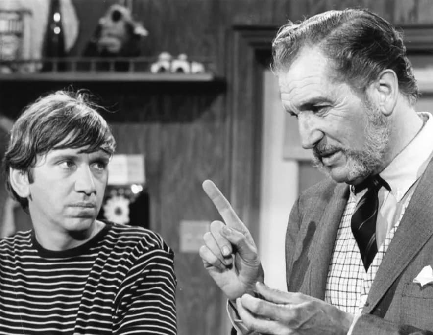 Vincent Price - Publicity photo from the television program The Good Guys. Vincent Price guest-stars as the local health inspector who tells Rufus (Bob Denver) the diner needs to be cleaned up before 