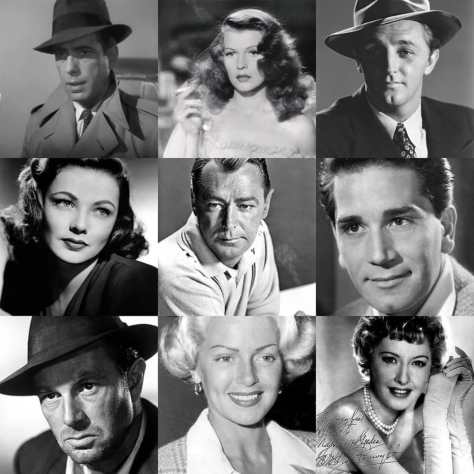 Rita Hayworth - Montage of Actors who acting in film noire: from top left to bottom Humphrey Bogart, Rita Hayworth, Robert Mitchum, Gene Tierney, Alan Ladd, Richard Conte, Sterling Hayden, Lana Turner