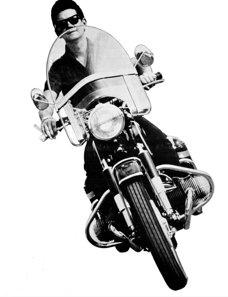 Roy Orbison - Photo of Roy Orbison on a motorcycle from an ad for his new MGM releases in 1965.